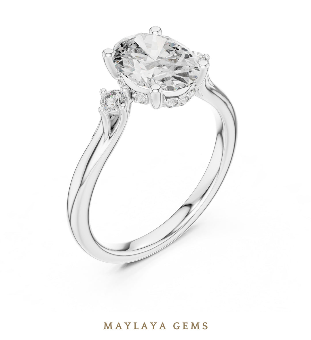 Maylaya Gems oval two-accent lab-grown diamond ring in white gold
