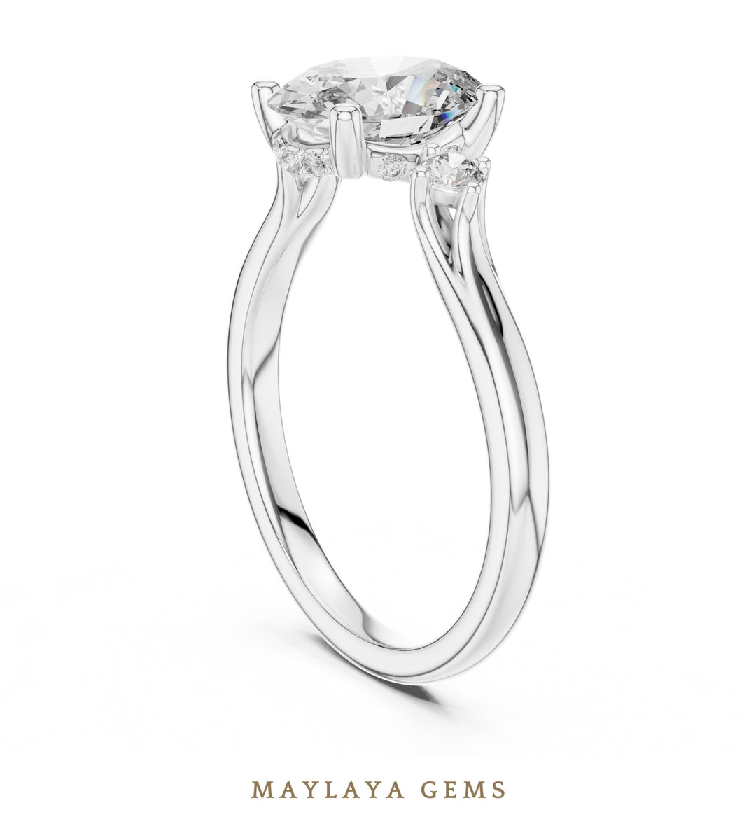 Maylaya Gems oval two-accent lab-grown diamond ring in white gold
