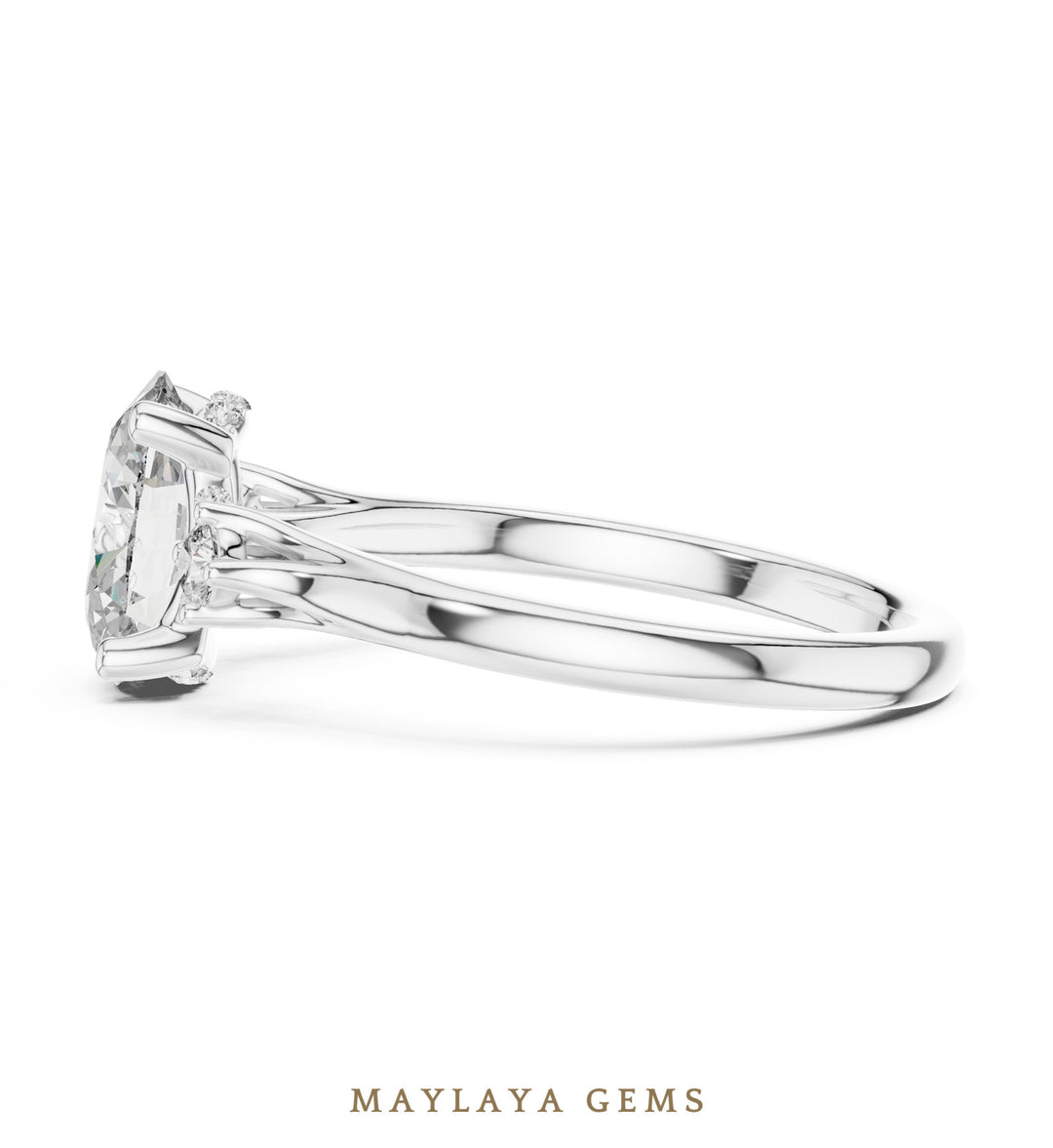 Maylaya Gems oval two-accent lab-grown diamond ring in white gold