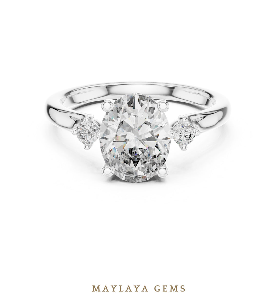 Maylaya Gems oval two-accent lab-grown diamond ring in white gold