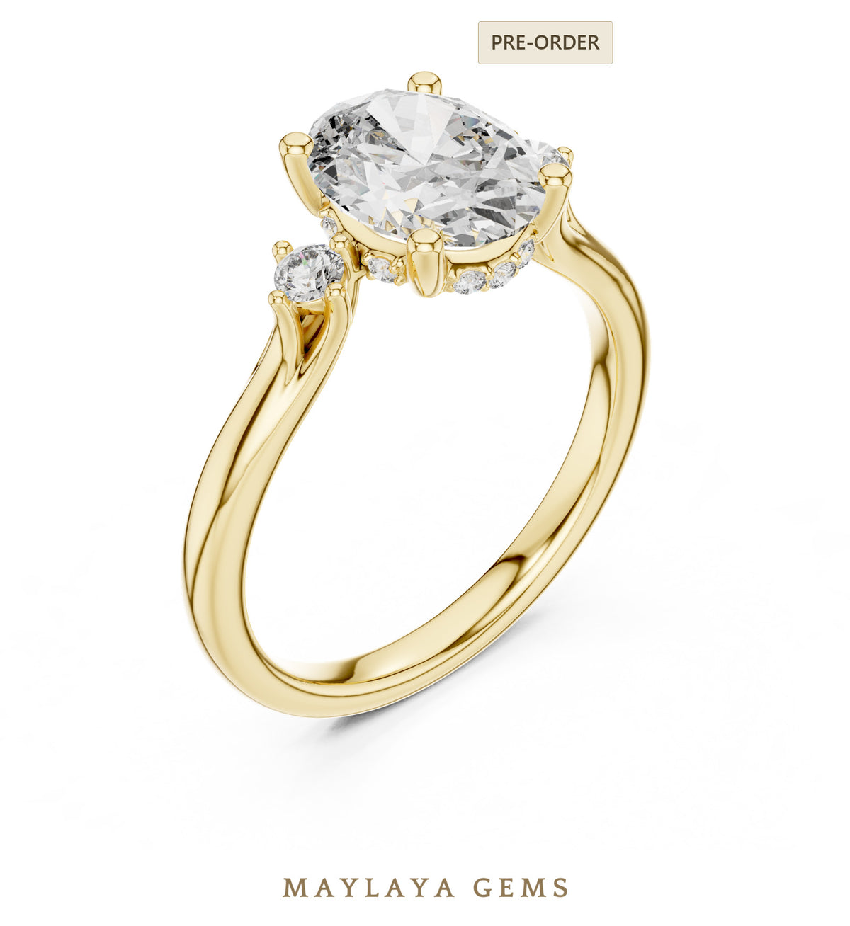 Maylaya gems oval two accent lab grown diamond ring in yellow gold
