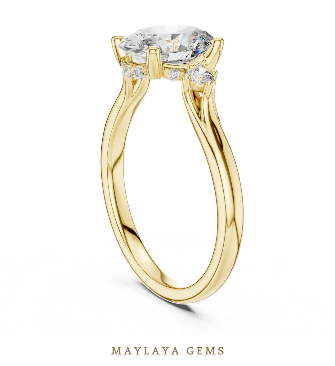 Maylaya Gems oval two-accent lab-grown diamond ring in yellow gold