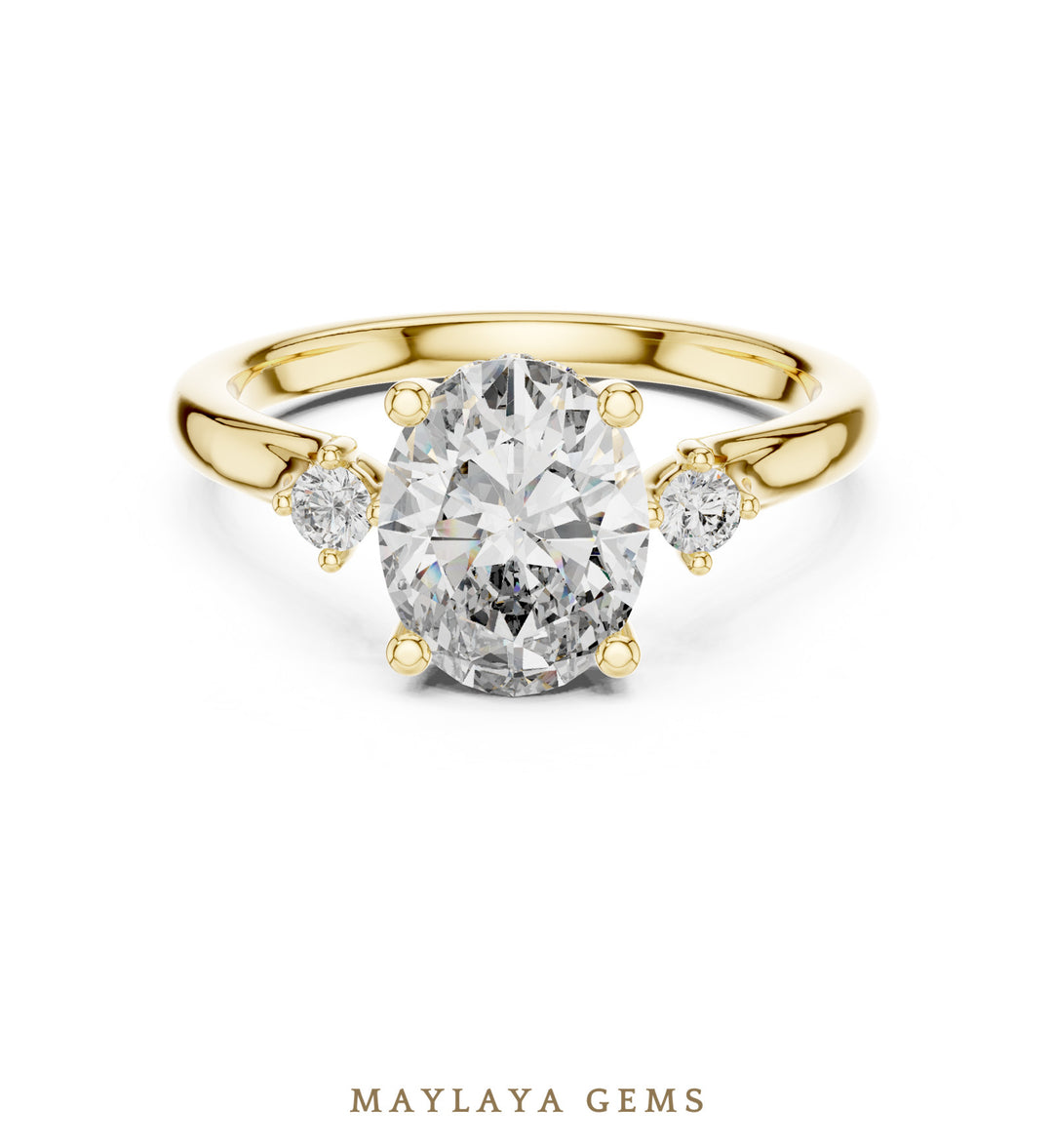 Maylaya Gems oval two-accent lab-grown diamond ring in yellow gold