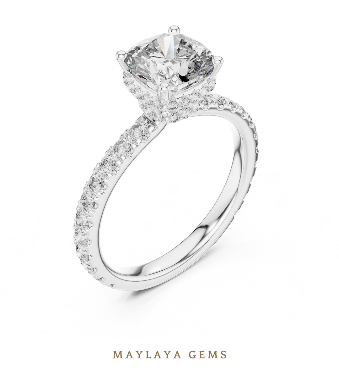 Maylaya Gems cushion double collar lab-grown diamond ring in white gold