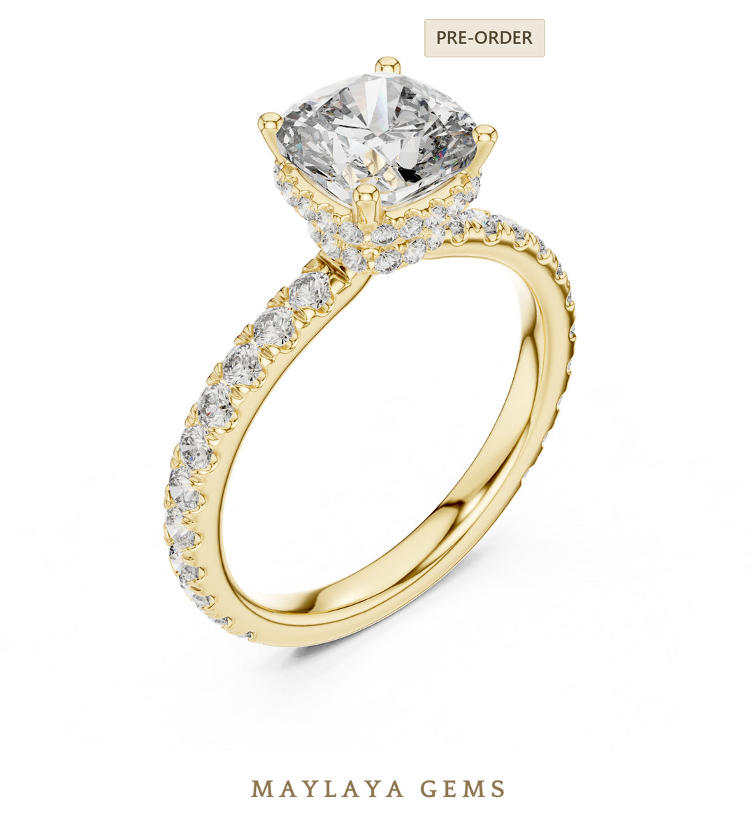 Maylaya Gems cushion double collar lab-grown diamond ring in yellow gold