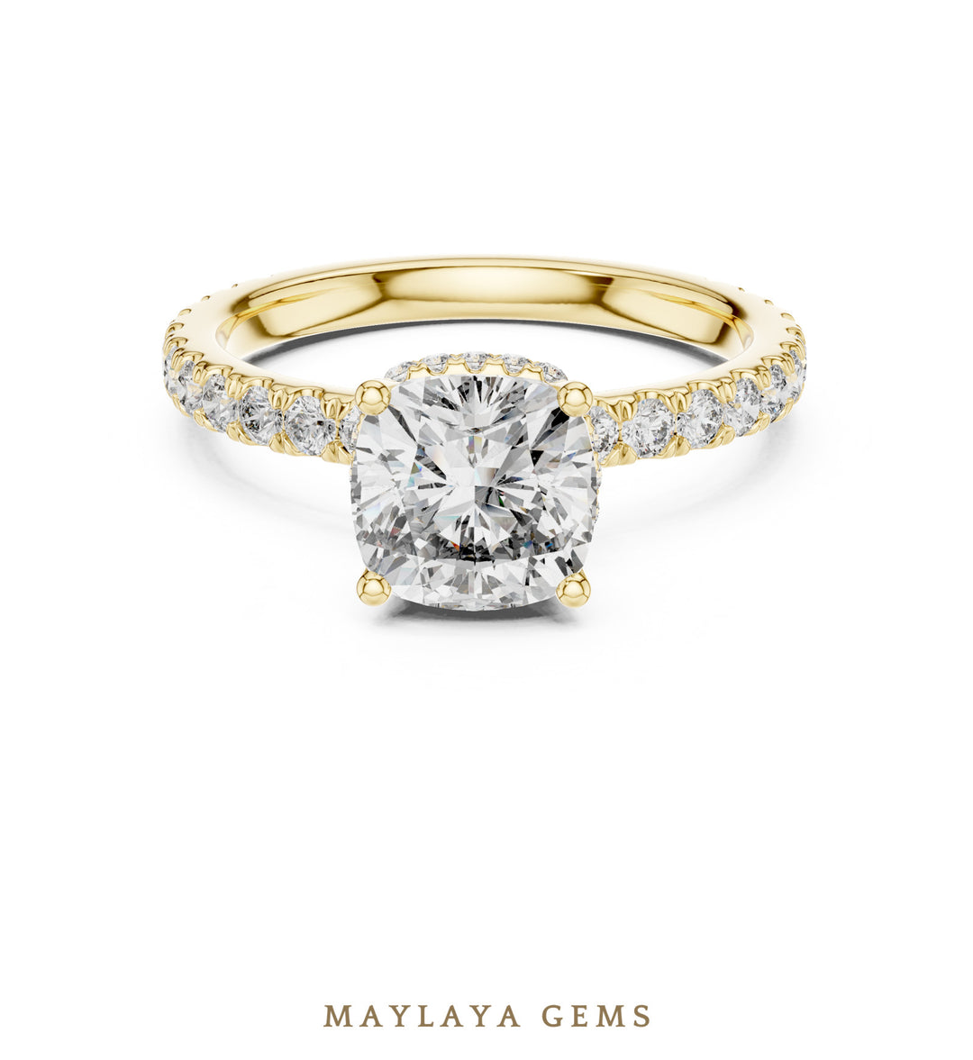 Maylaya Gems cushion double collar lab-grown diamond ring in yellow gold