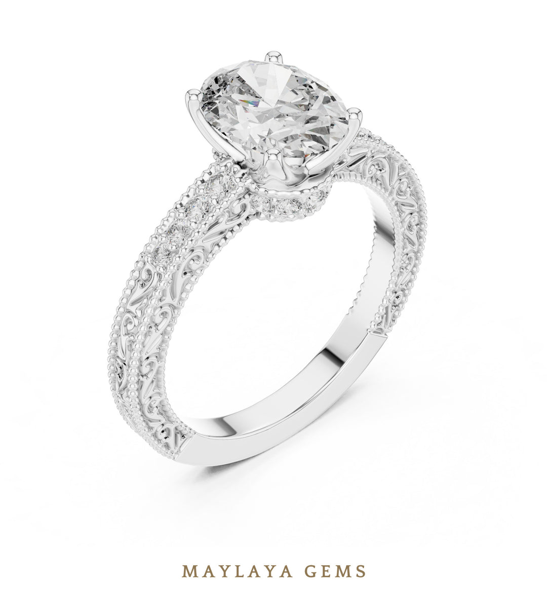 Maylaya Gems oval engraved vine lab-grown diamond ring in white gold