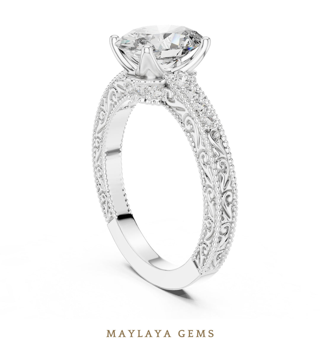 Maylaya Gems oval engraved vine lab-grown diamond ring in white gold