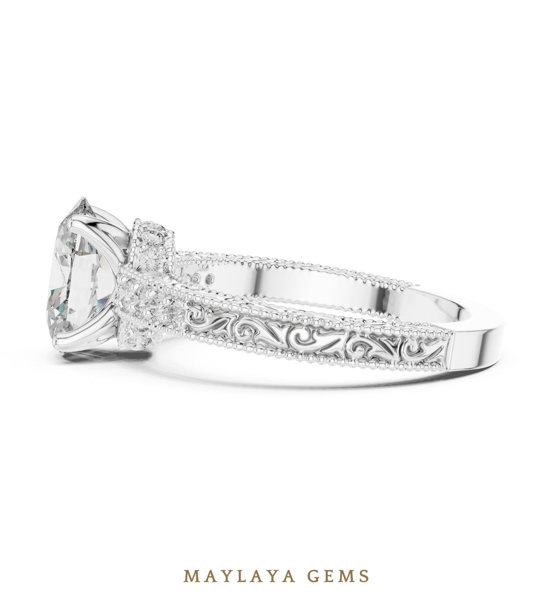 Maylaya Gems oval engraved vine lab-grown diamond ring in white gold