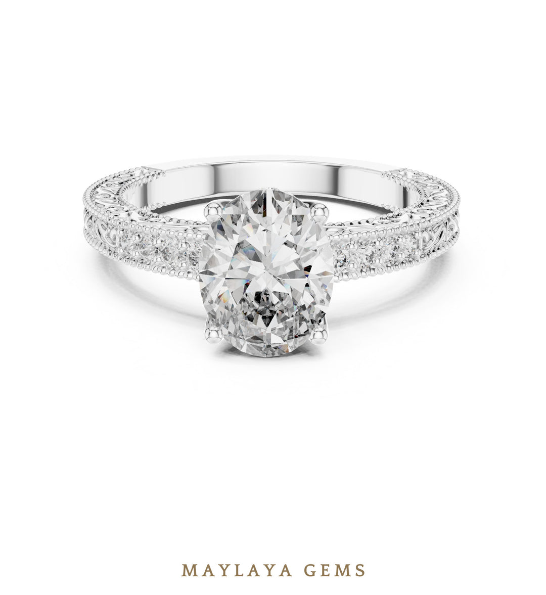 Maylaya Gems oval engraved vine lab-grown diamond ring in white gold