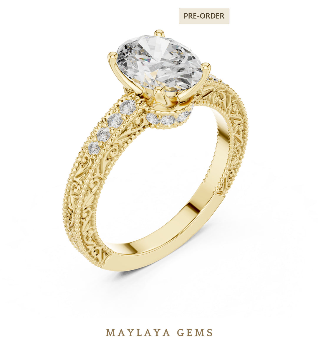 Maylaya Gems oval engraved vine lab-grown diamond ring in yellow gold