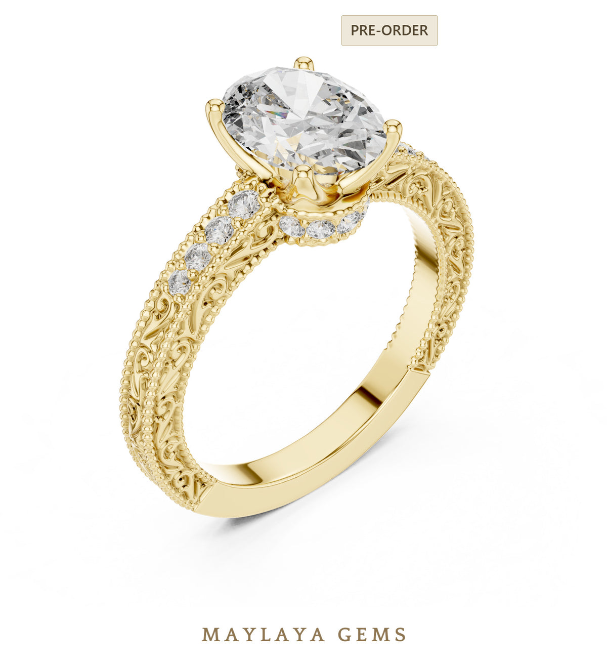 Maylaya gems oval engraved vine lab grown diamond ring in yellow gold