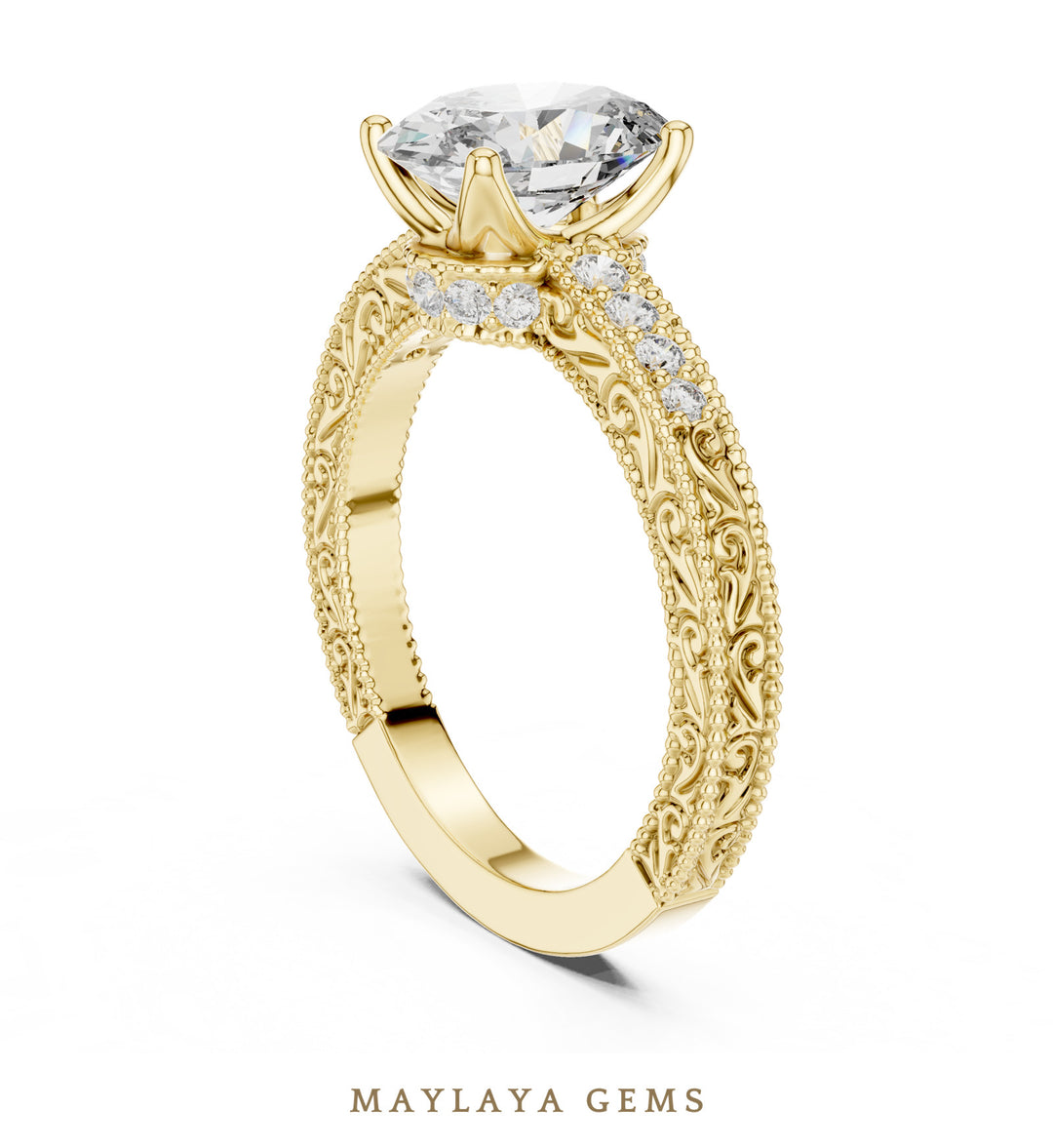 Maylaya Gems oval engraved vine lab-grown diamond ring in yellow gold