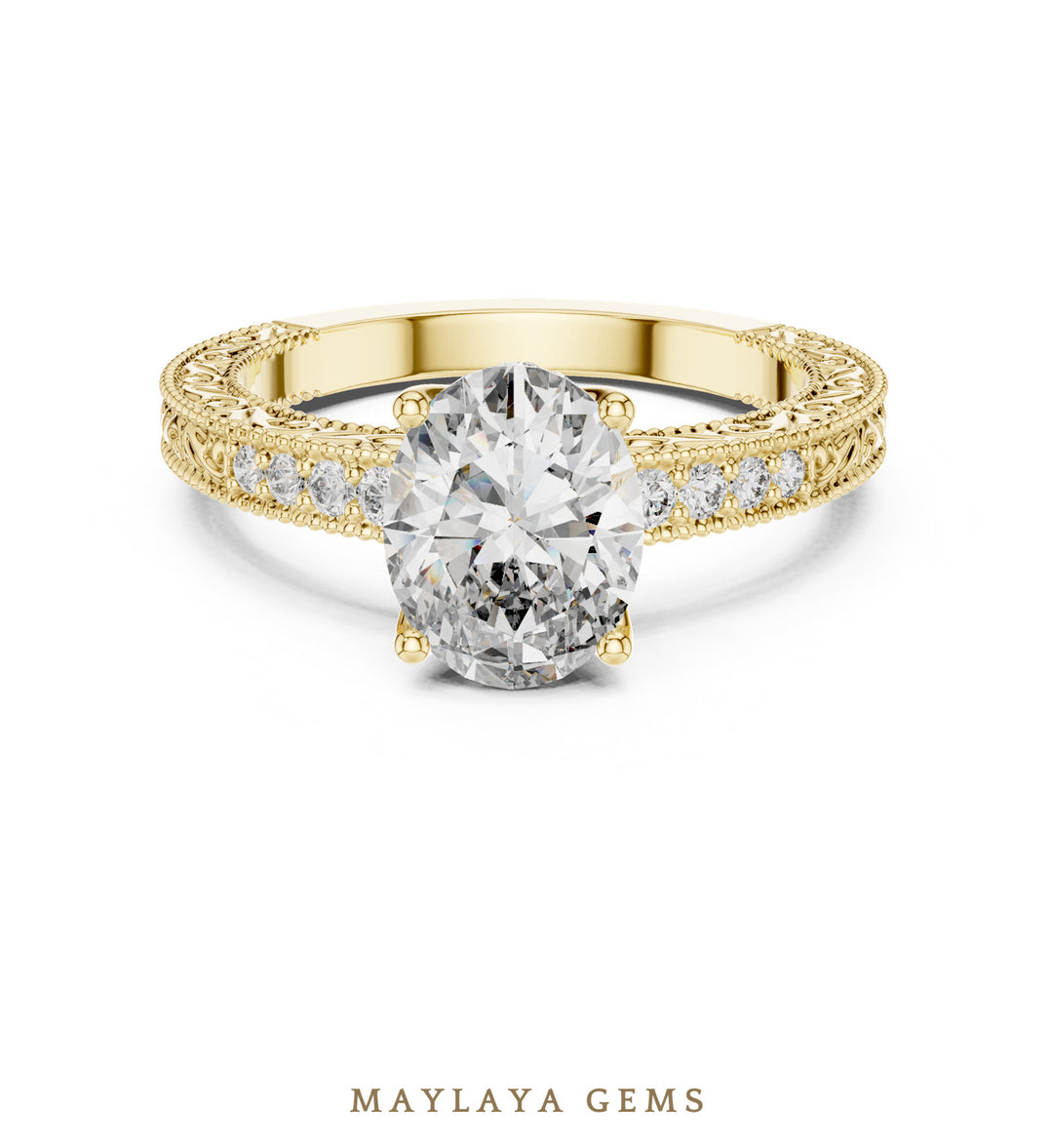 Maylaya Gems oval engraved vine lab-grown diamond ring in yellow gold