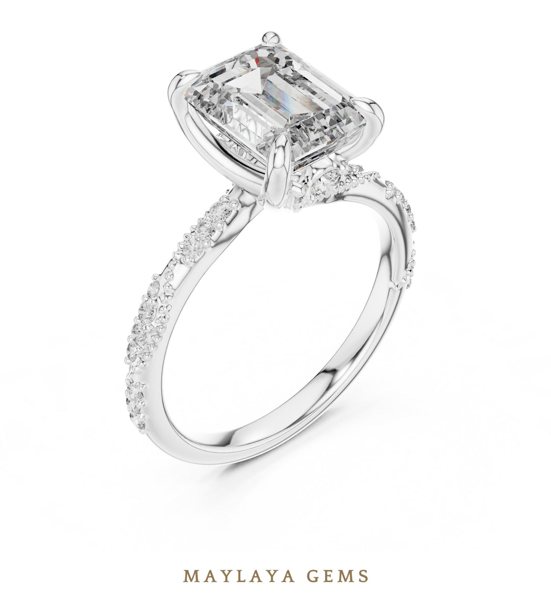 Maylaya Gems emerald curved gallery lab-grown diamond ring in white gold
