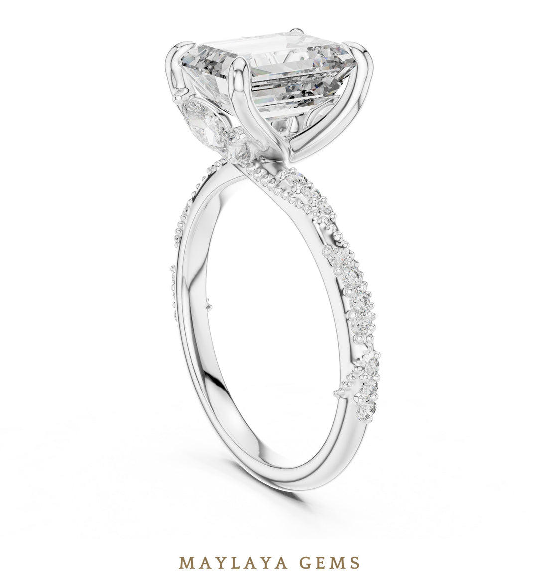 Maylaya Gems emerald curved gallery lab-grown diamond ring in white gold