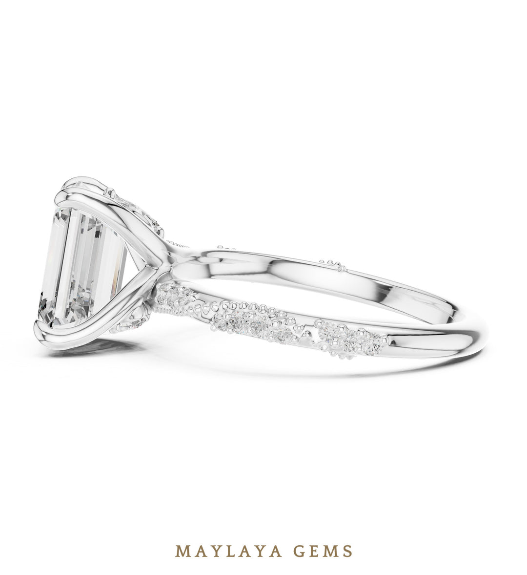 Maylaya Gems emerald curved gallery lab-grown diamond ring in white gold