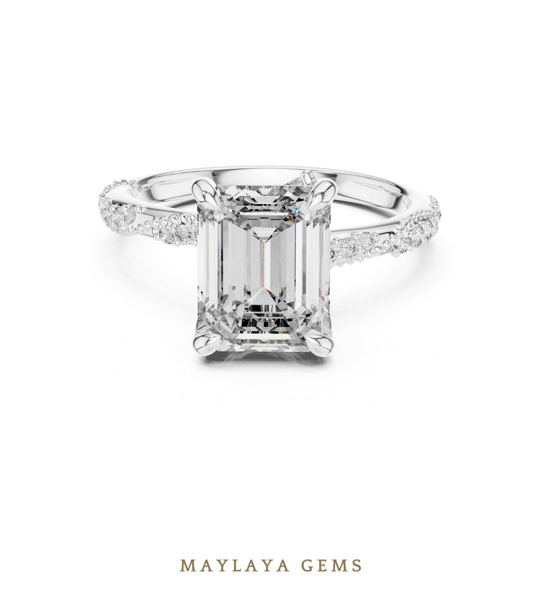 Maylaya Gems emerald curved gallery lab-grown diamond ring in white gold