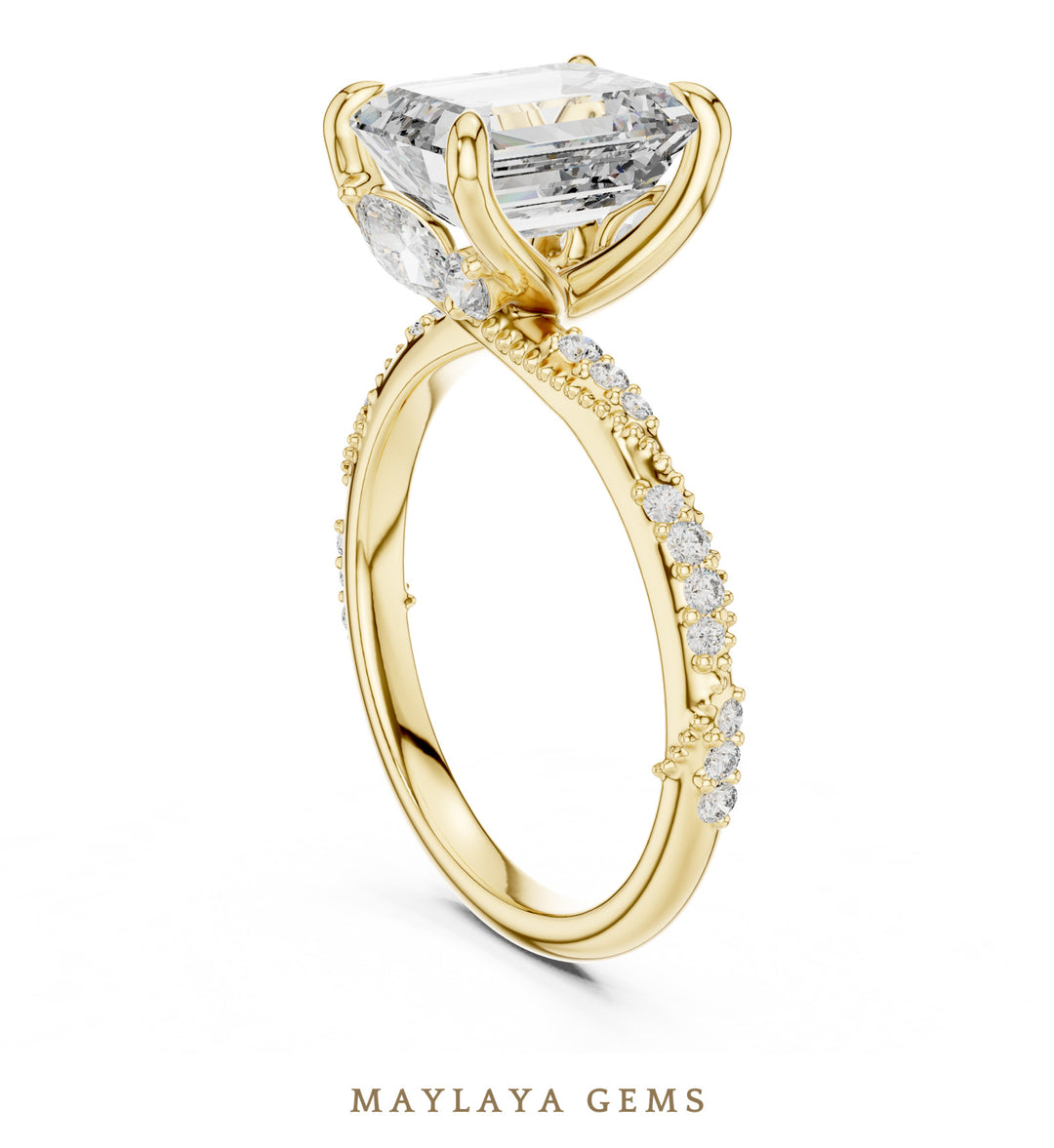 Maylaya Gems emerald curved gallery lab-grown diamond ring in yellow gold
