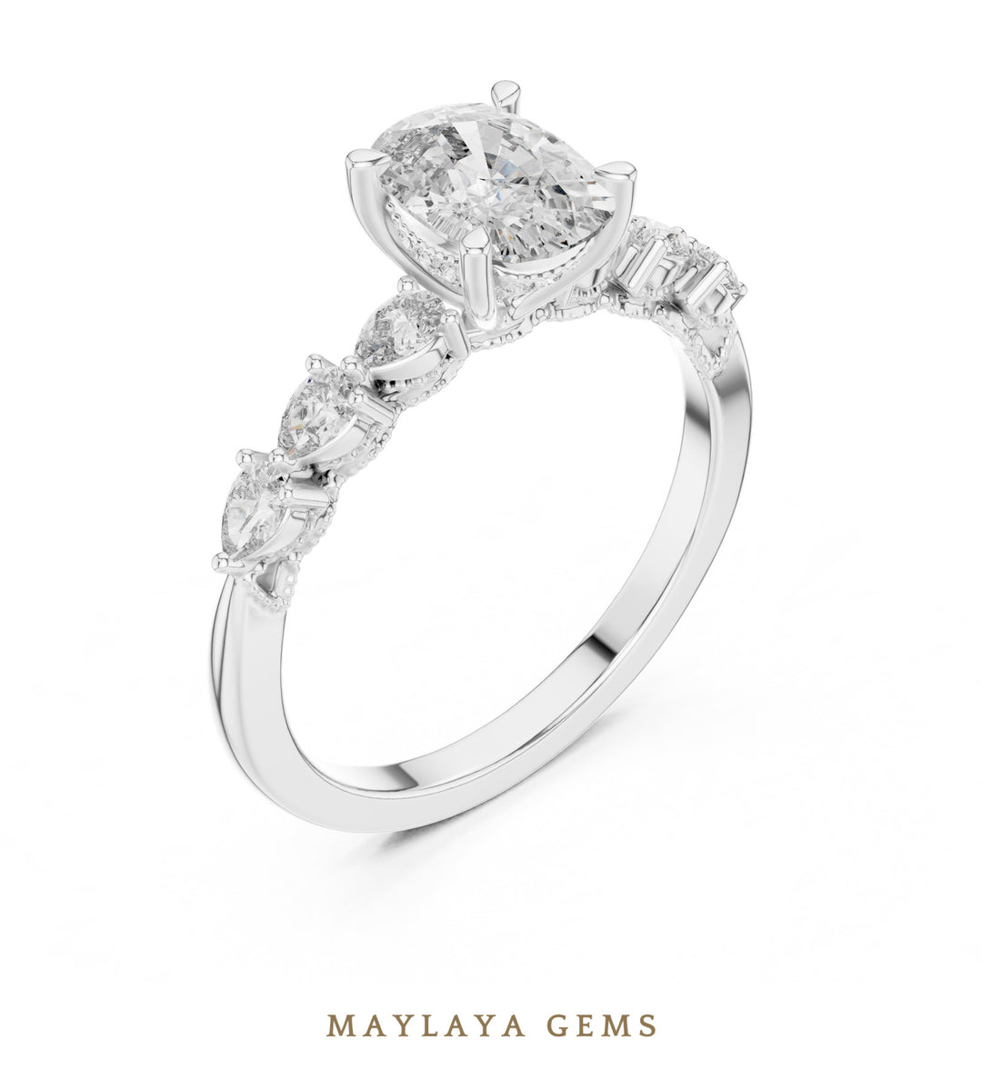 Maylaya Gems elongated cushion pear accent lab-grown diamond ring in white gold