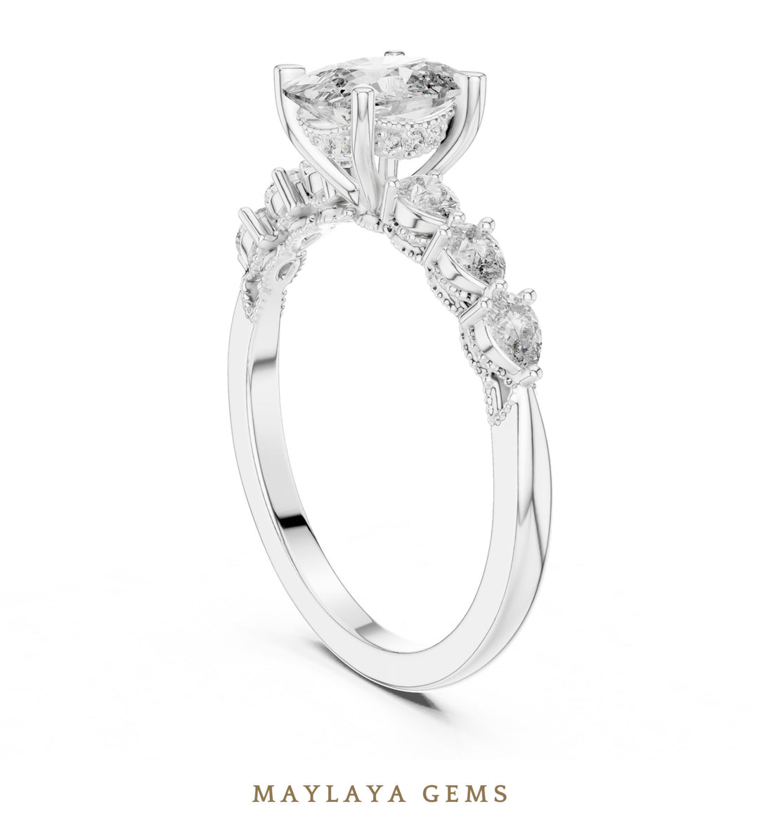 Maylaya Gems elongated cushion pear accent lab-grown diamond ring in white gold