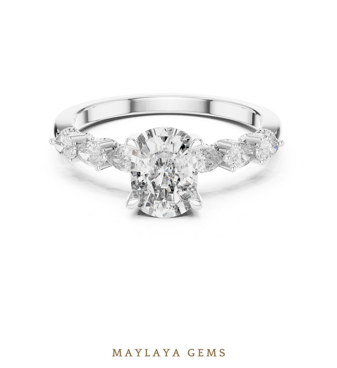 Maylaya Gems elongated cushion pear accent lab-grown diamond ring in white gold