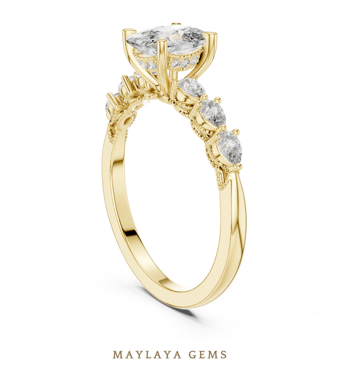 Maylaya Gems elongated cushion pear accent lab-grown diamond ring in yellow gold