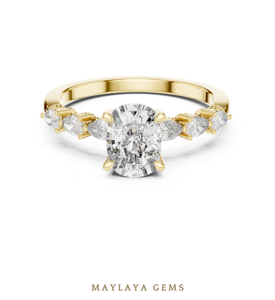 Maylaya Gems elongated cushion pear accent lab-grown diamond ring in yellow gold