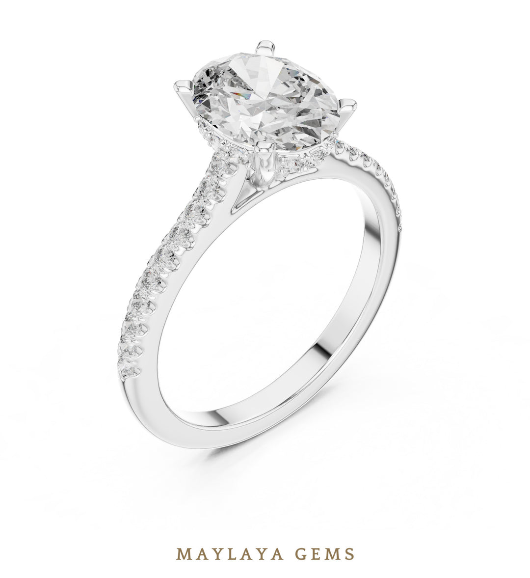 Maylaya Gems oval cathedral pave lab-grown diamond ring in white gold