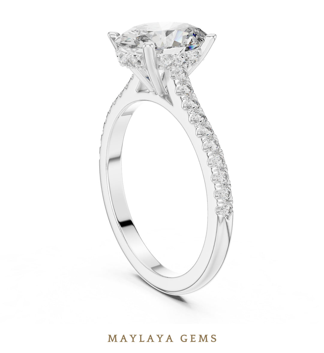 Maylaya Gems oval cathedral pave lab-grown diamond ring in white gold