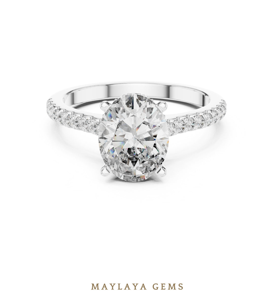 Maylaya Gems oval cathedral pave lab-grown diamond ring in white gold
