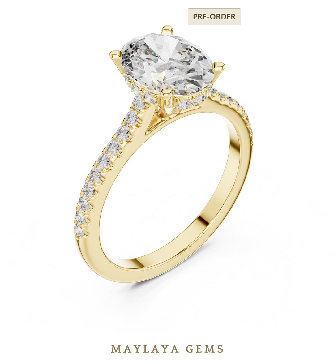 Maylaya Gems oval cathedral pave lab-grown diamond ring in yellow gold