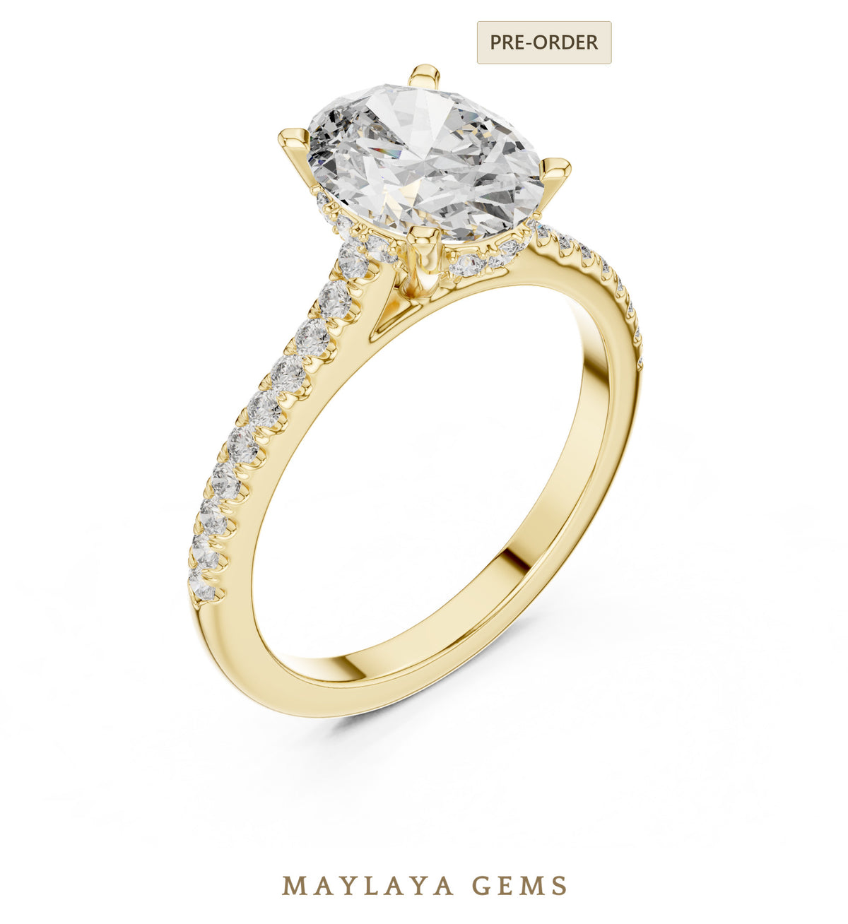 Maylaya gems oval cathedral pave lab grown diamond ring in yellow gold