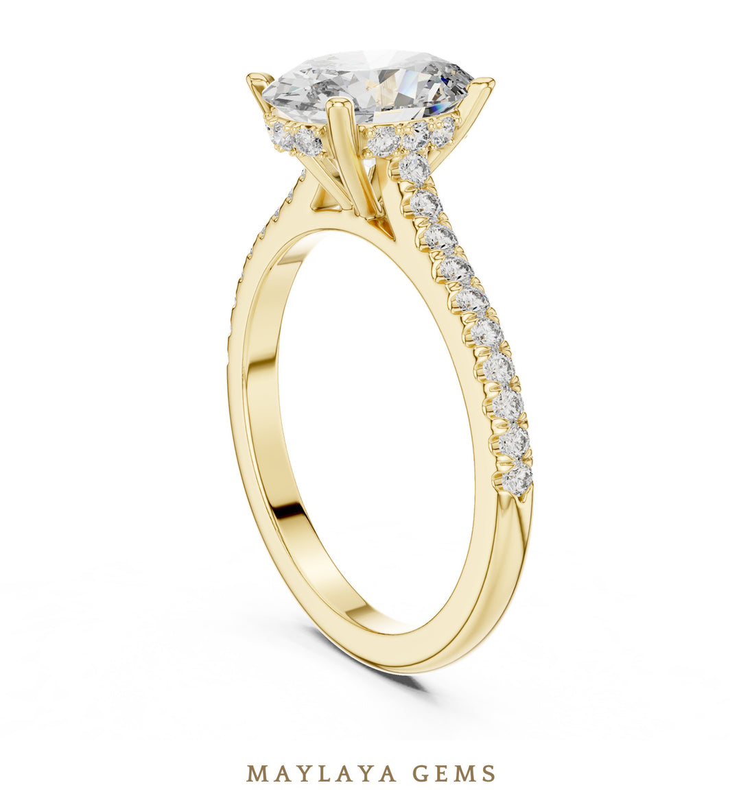 Maylaya Gems oval cathedral pave lab-grown diamond ring in yellow gold