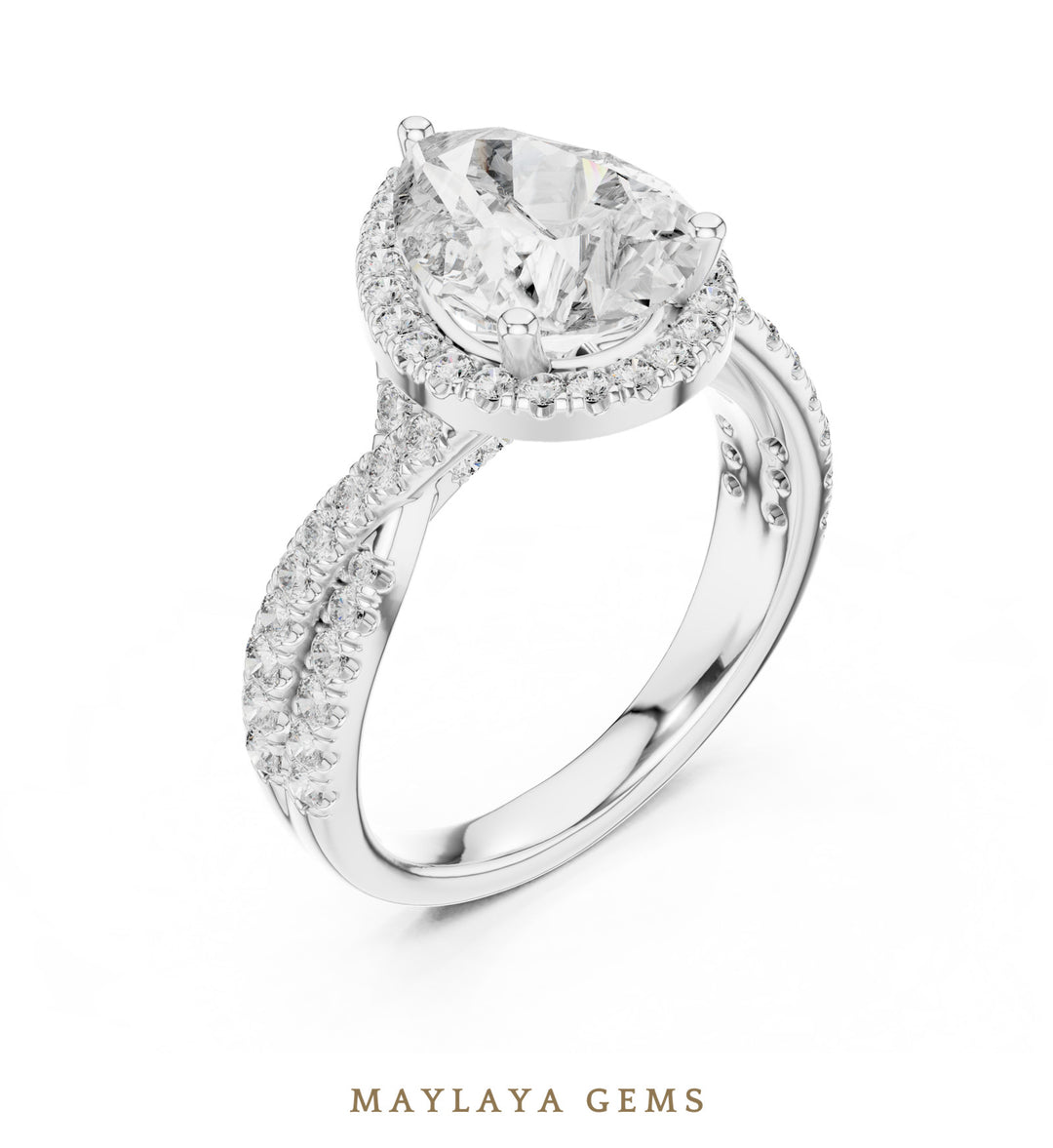 Maylaya Gems pear halo braided pave lab-grown diamond ring in white gold