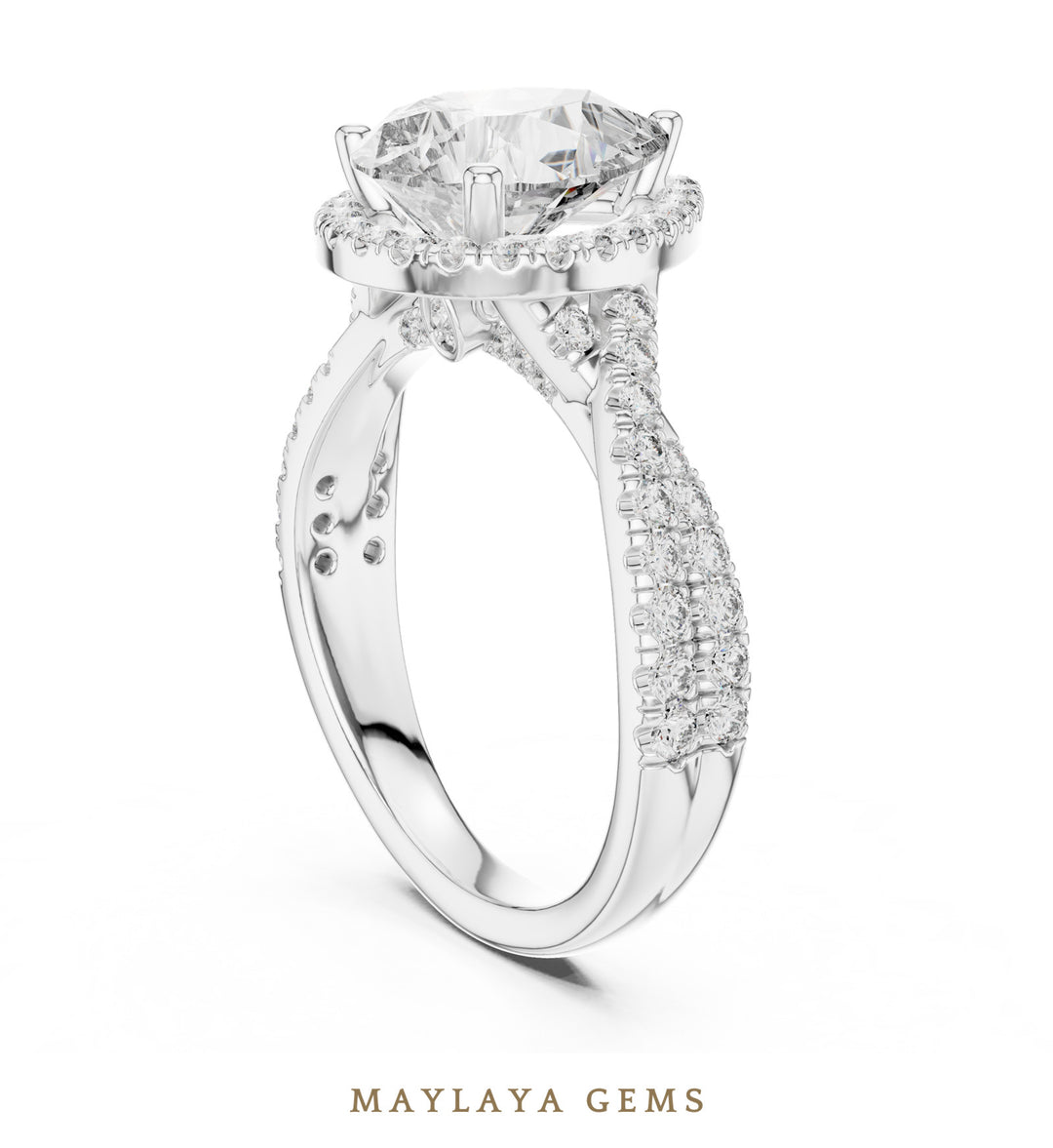 Maylaya Gems pear halo braided pave lab-grown diamond ring in white gold