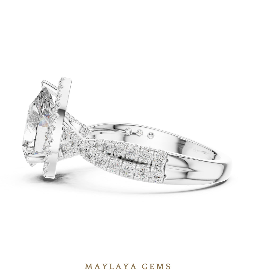 Maylaya Gems pear halo braided pave lab-grown diamond ring in white gold