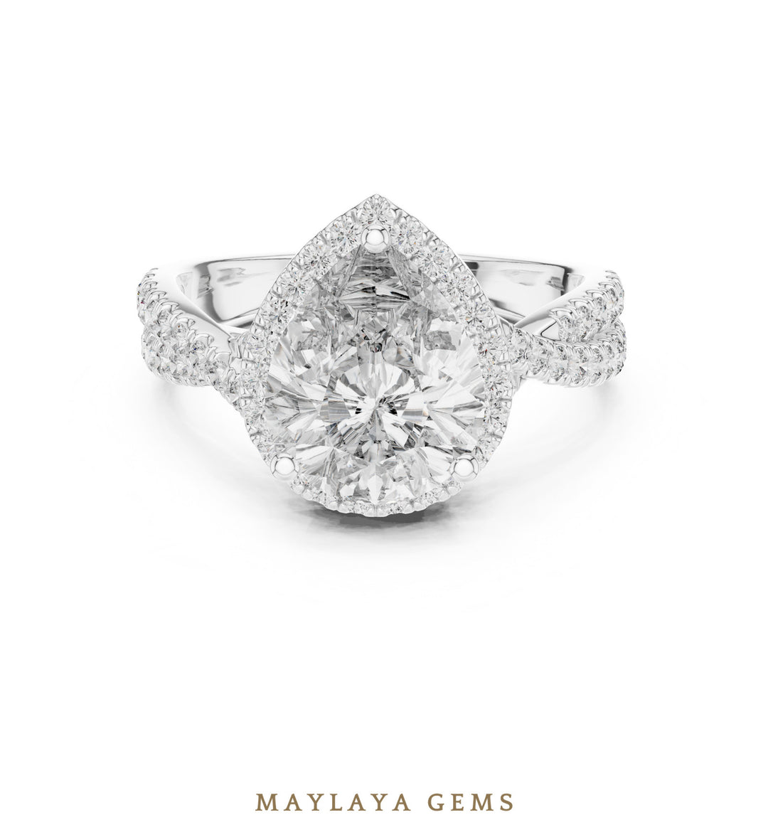 Maylaya Gems pear halo braided pave lab-grown diamond ring in white gold