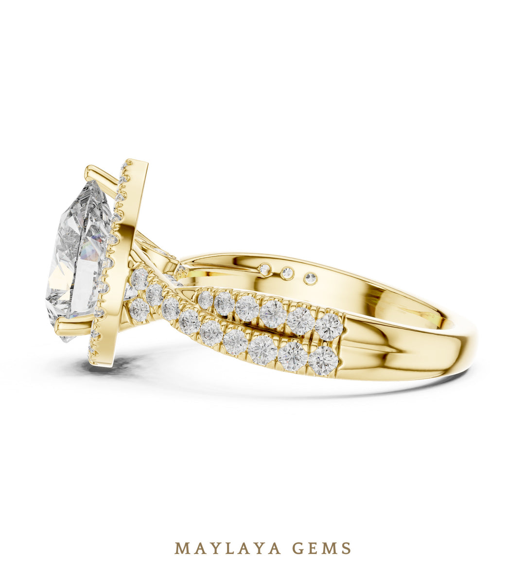 Maylaya Gems pear halo braided pave lab-grown diamond ring in yellow gold