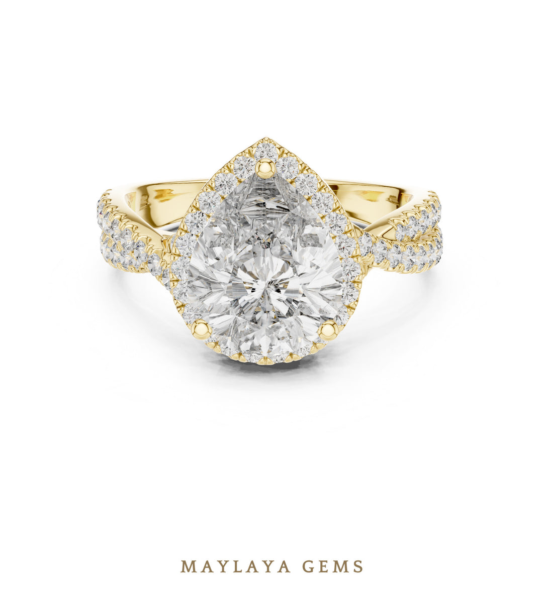 Maylaya Gems pear halo braided pave lab-grown diamond ring in yellow gold