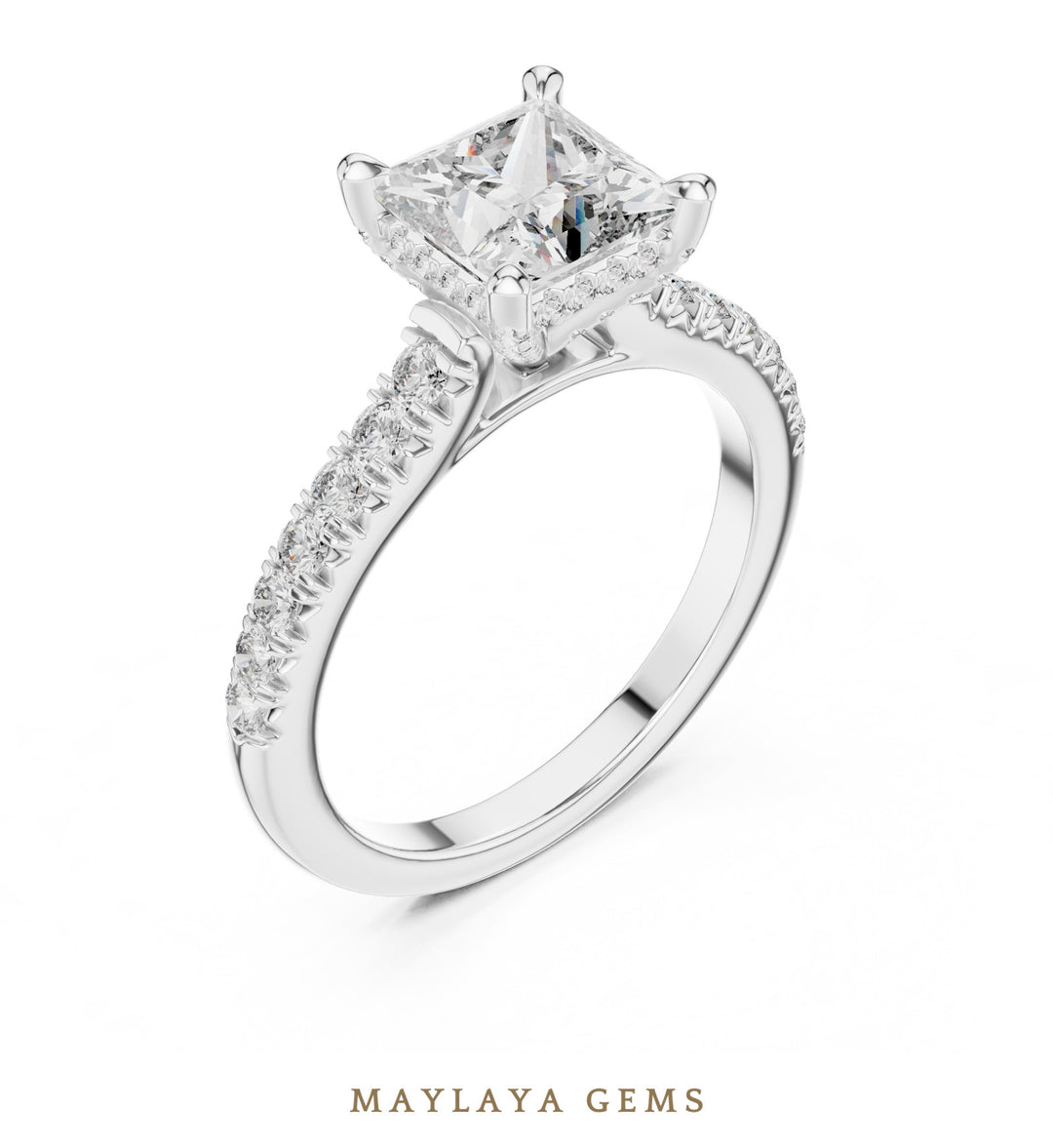 Maylaya Gems princess cathedral pave lab-grown diamond ring in white gold