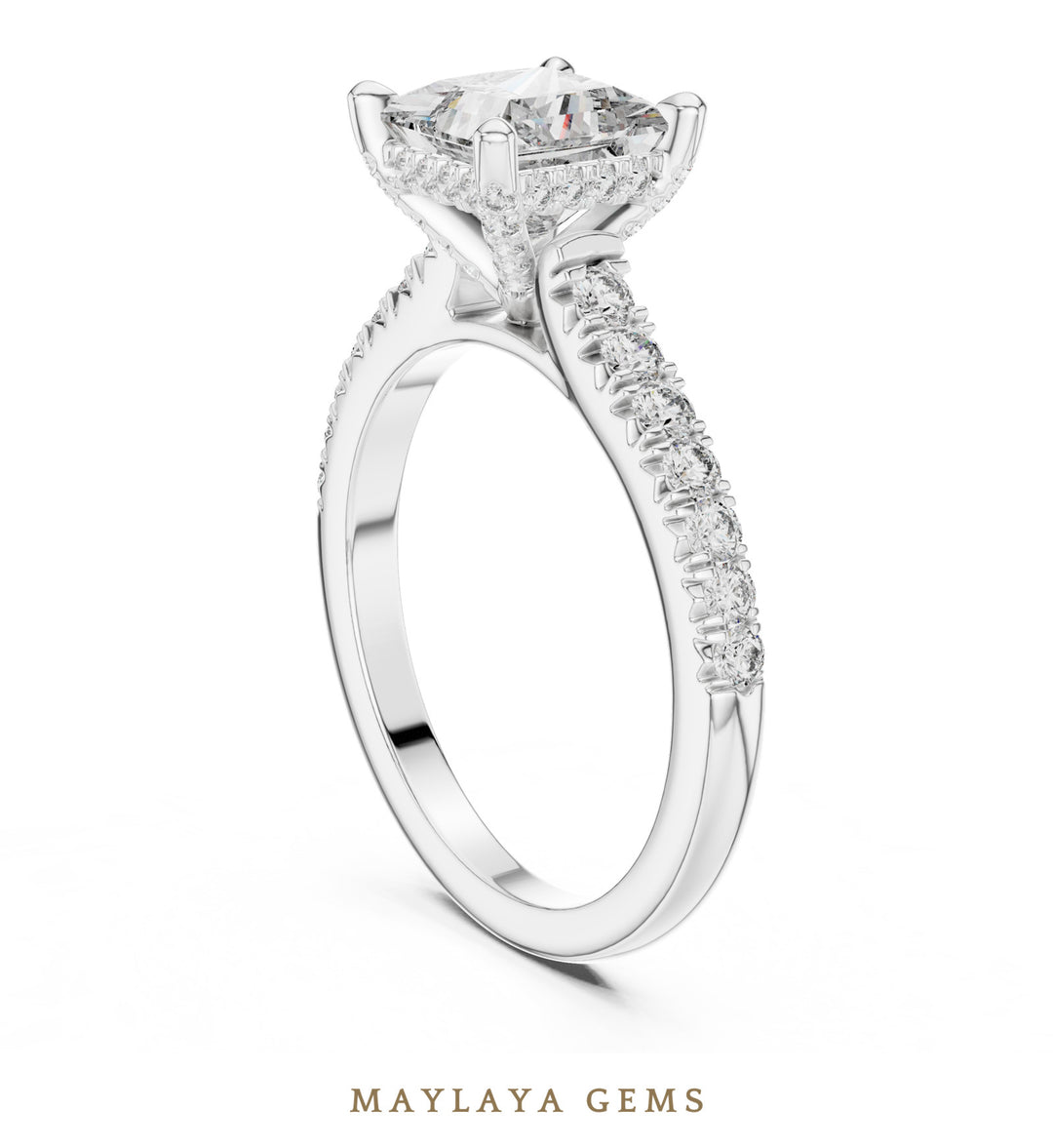 Maylaya Gems princess cathedral pave lab-grown diamond ring in white gold