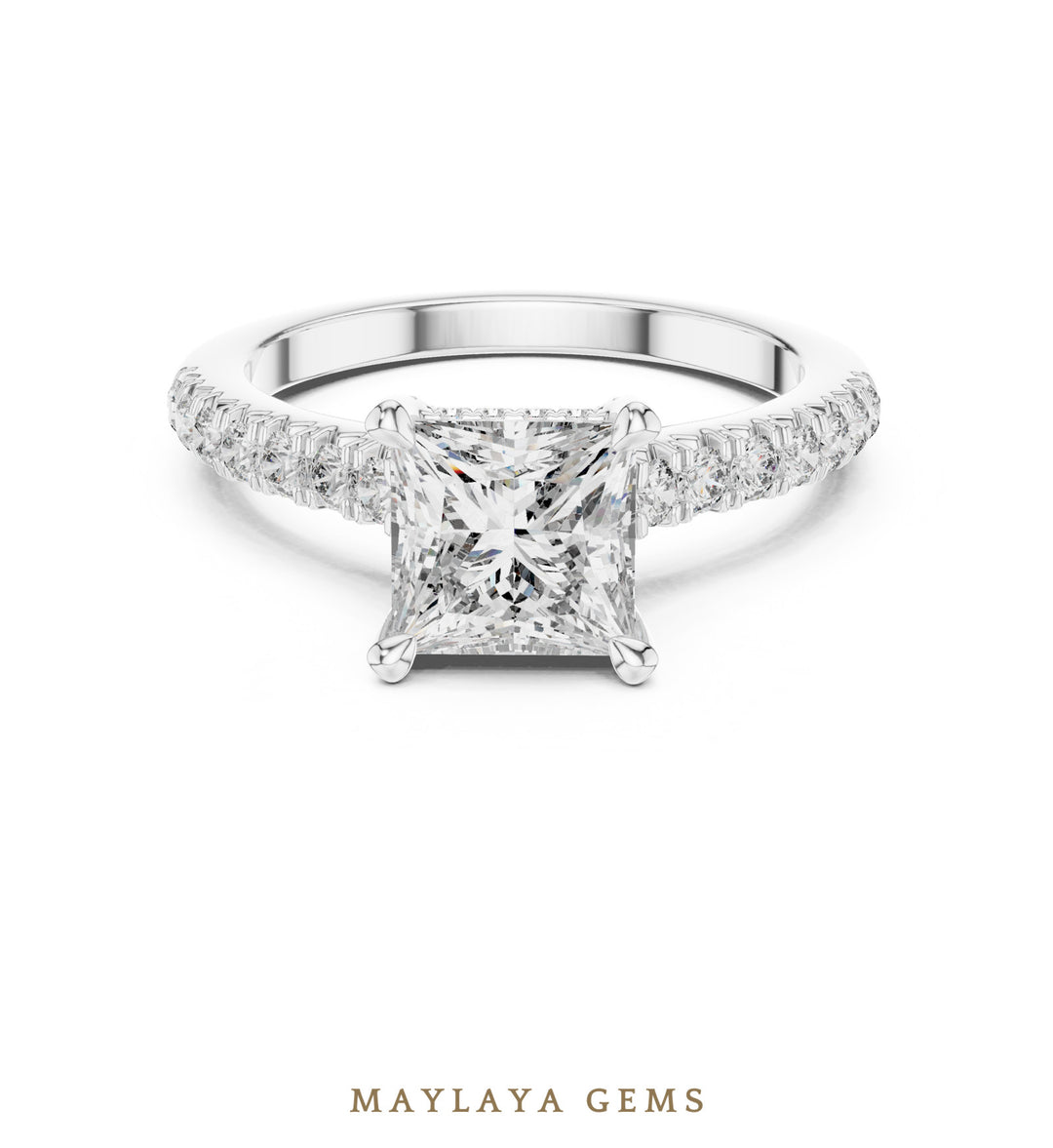 Maylaya Gems princess cathedral pave lab-grown diamond ring in white gold