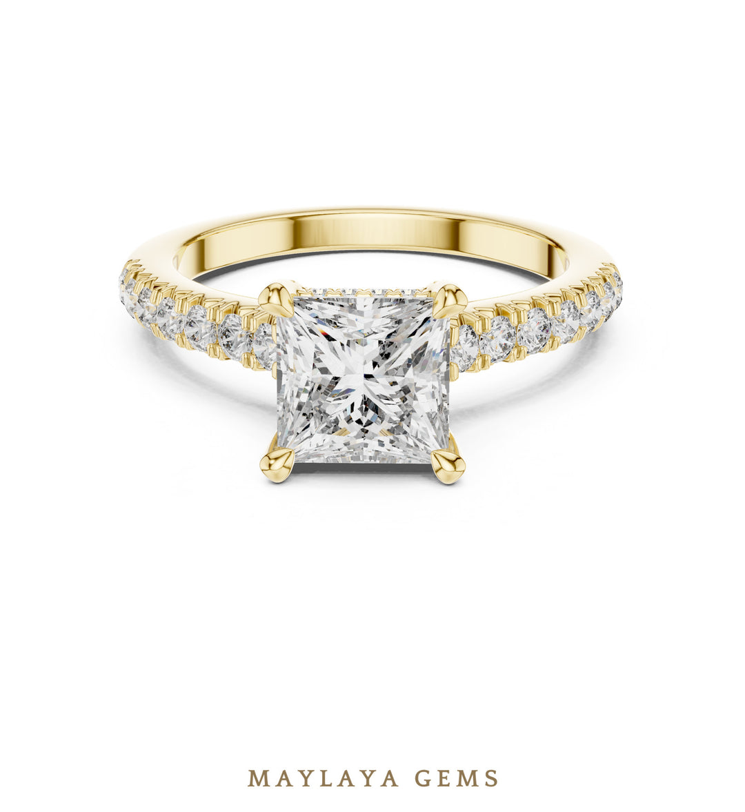 Maylaya Gems princess cathedral pave lab-grown diamond ring in yellow gold