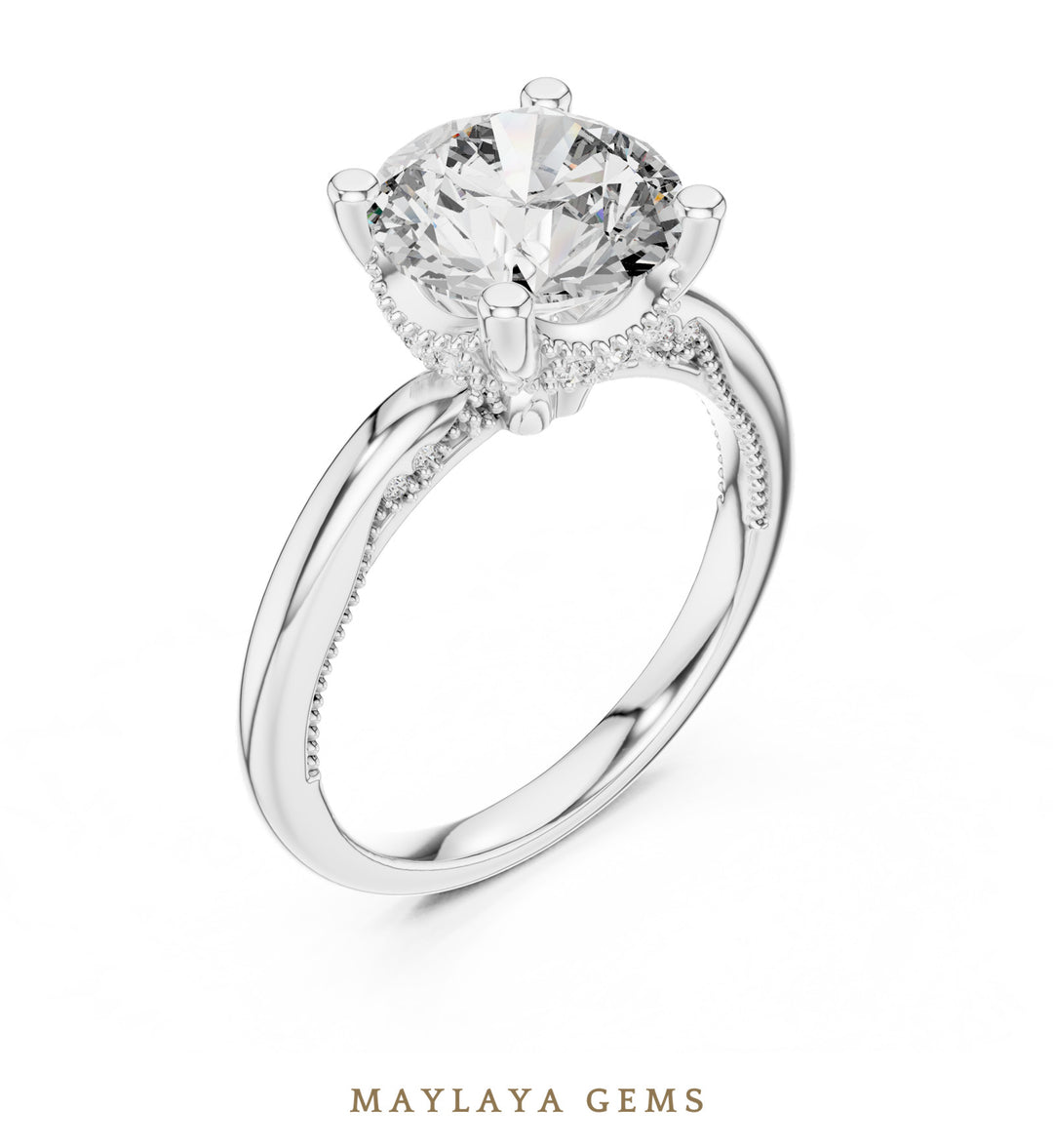 Maylaya Gems round beaded hidden halo lab-grown diamond ring in white gold