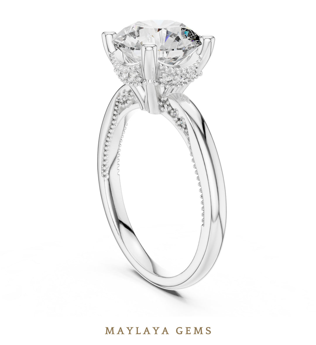 Maylaya Gems round beaded hidden halo lab-grown diamond ring in white gold