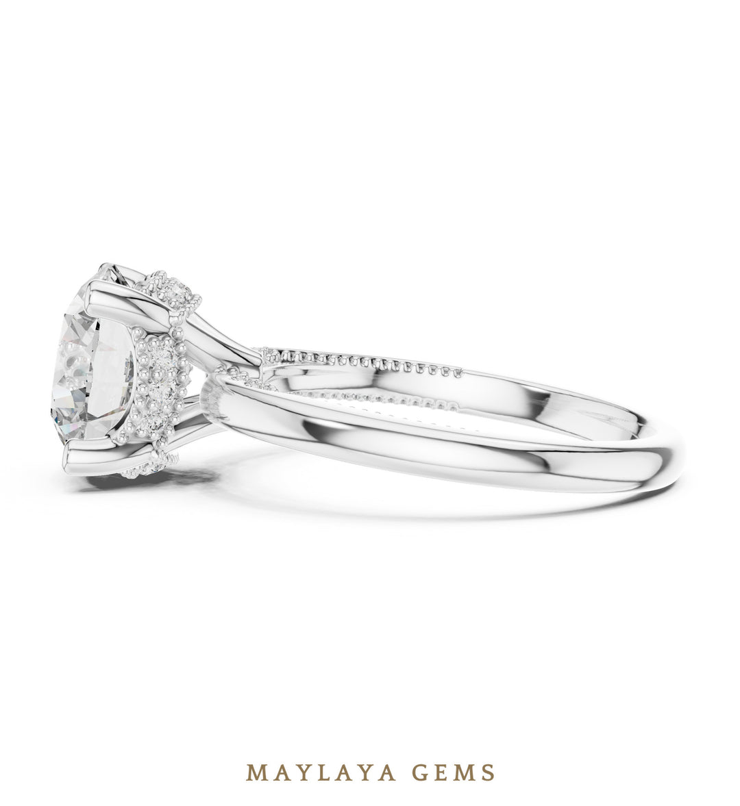 Maylaya Gems round beaded hidden halo lab-grown diamond ring in white gold
