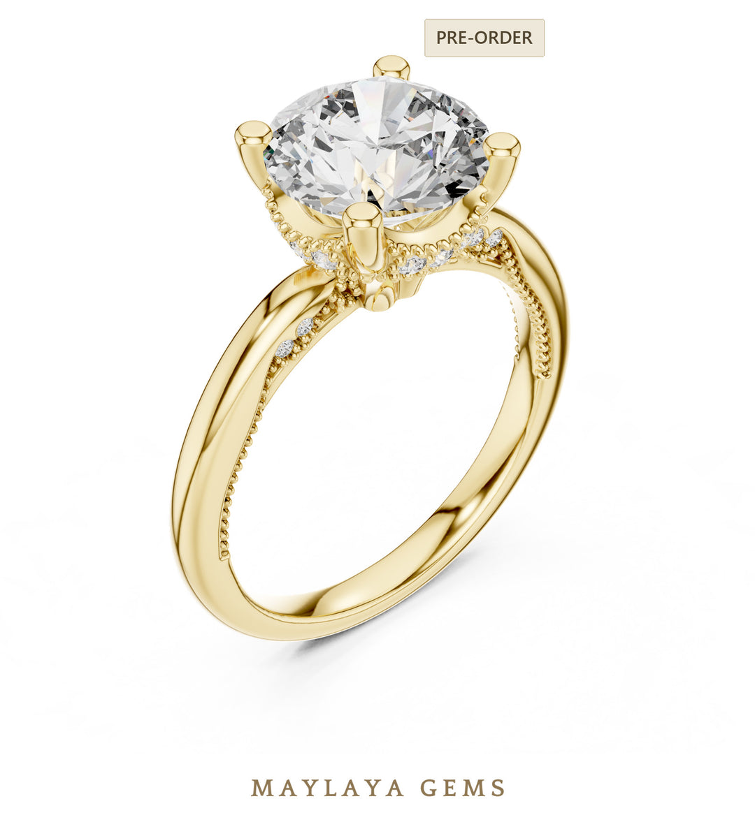 Maylaya Gems round beaded hidden halo lab-grown diamond ring in yellow gold