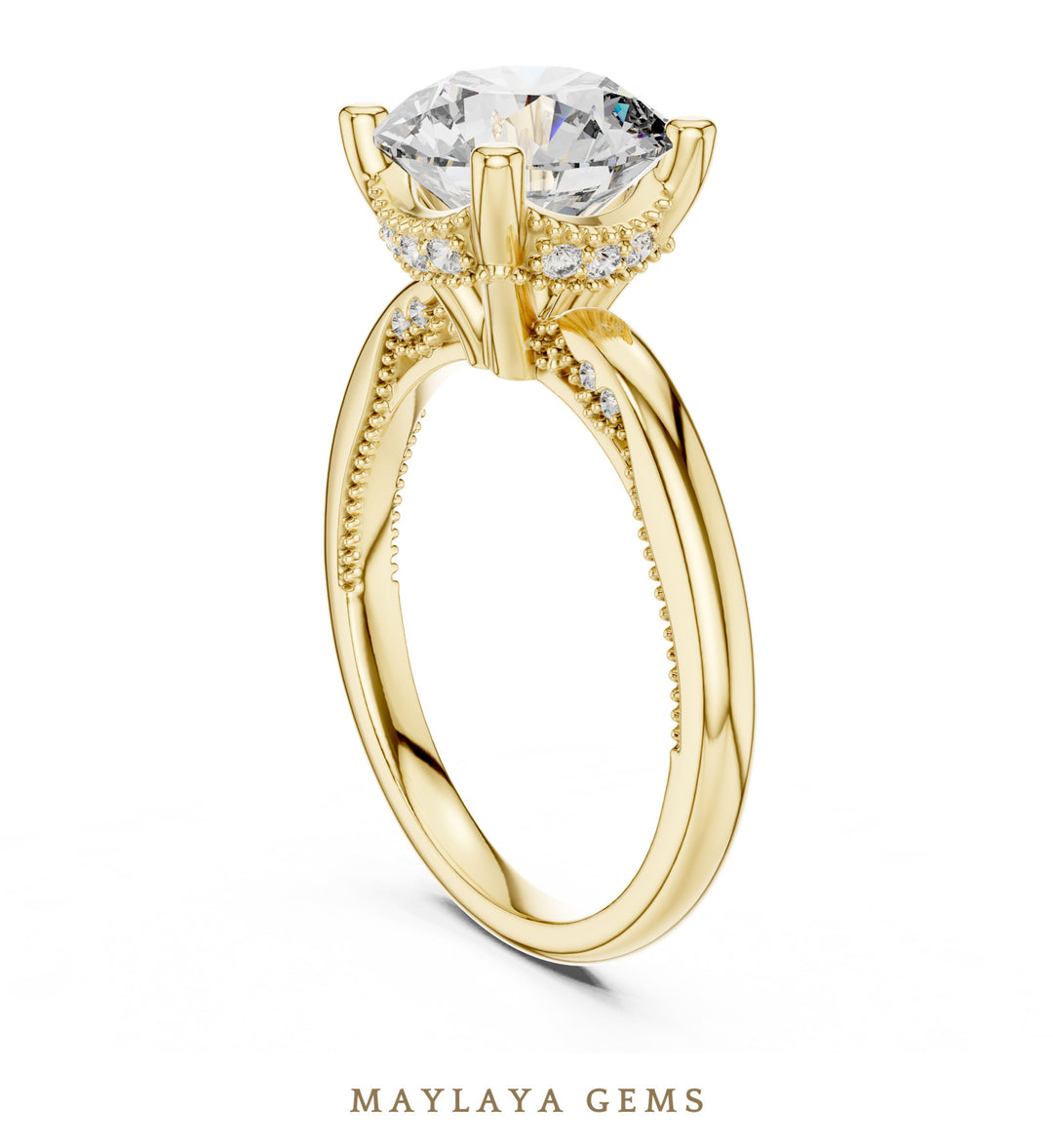 Maylaya Gems round beaded hidden halo lab-grown diamond ring in yellow gold