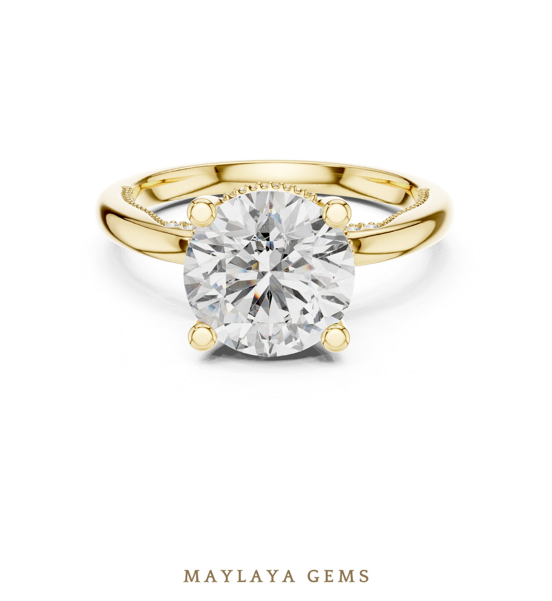 Maylaya Gems round beaded hidden halo lab-grown diamond ring in yellow gold